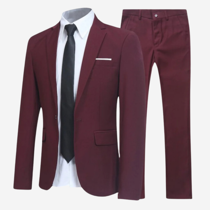 Sharp men's red slim fit 2-piece suit, a striking choice for formal events, weddings, or special occasions.