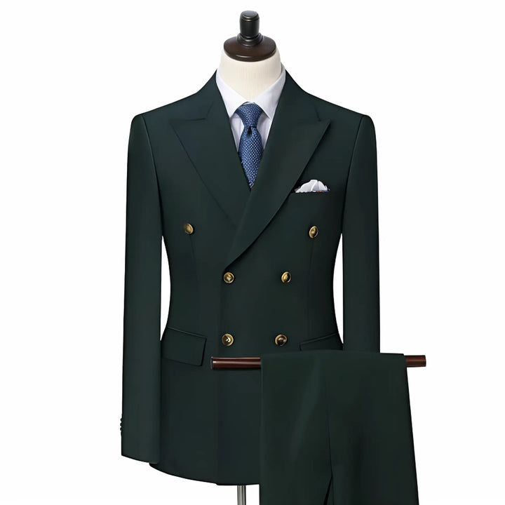 High-quality fabric of a men's double-breasted wedding suit with distinguished peak lapels for event attire.