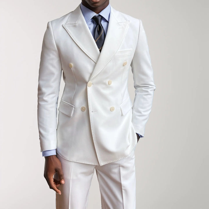 Classic men's double-breasted suit with prominent peak lapels, the ultimate choice for a timeless wedding look.
