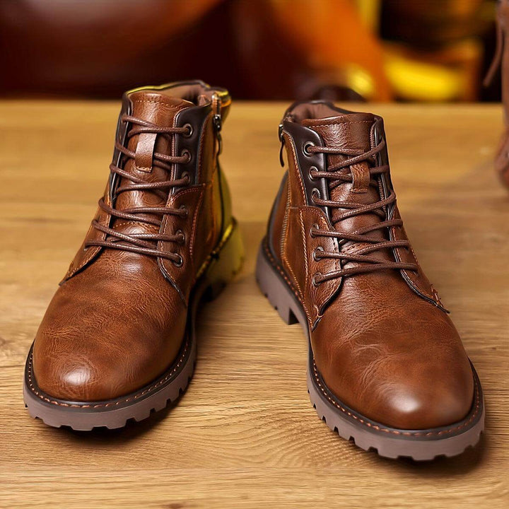 Modern men's dress boots with convenient zipper closure. Comfortable and elegant footwear for contemporary men's fashion.