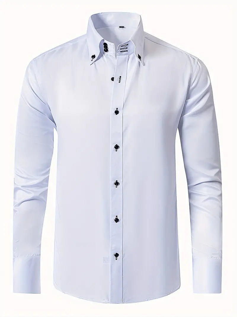 Elegant men's formal white dress shirt, long sleeve, button-up, tailored fit for professional business wear.