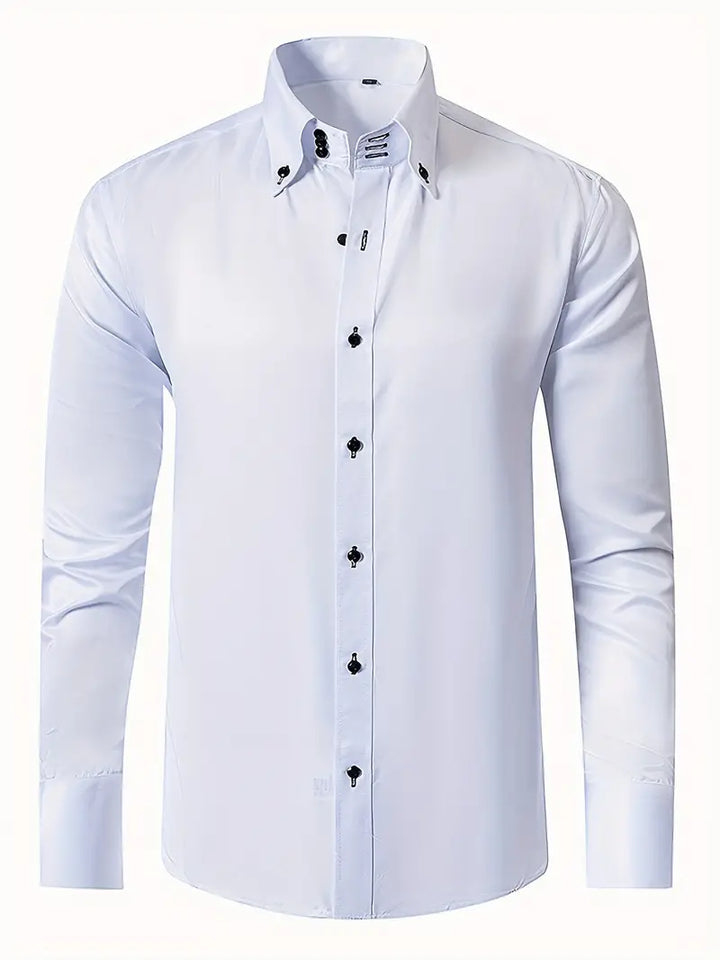 Elegant men's formal white dress shirt, long sleeve, button-up, tailored fit for professional business wear.