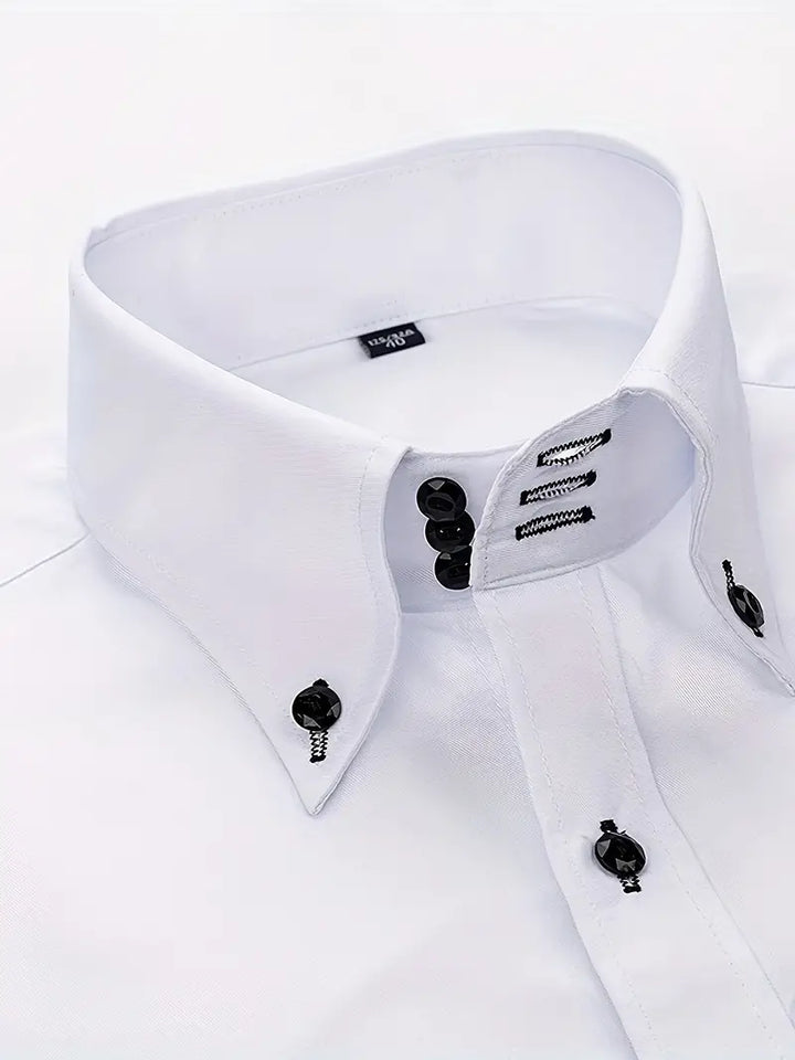 Elegant men's professional button-up dress shirt, long sleeve, tailored for formal and business fashion.