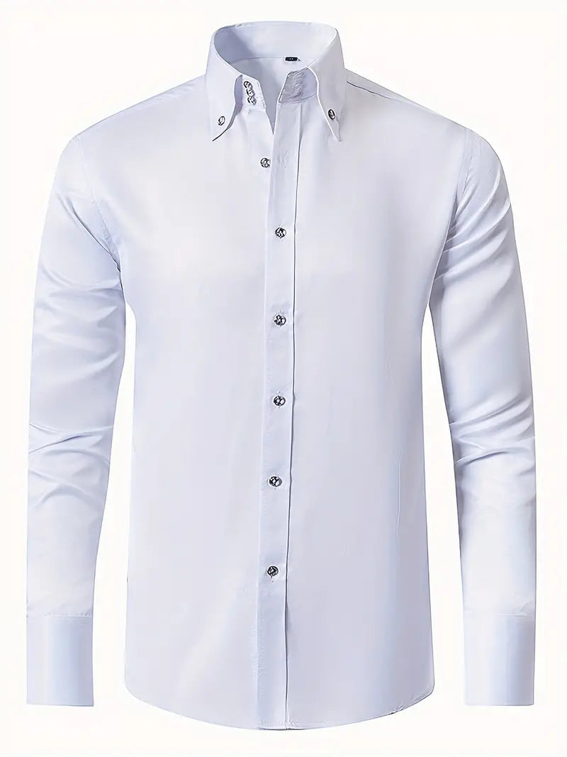 Formal men's button-up shirt, crisp white, long sleeve, professional business attire, classic style.