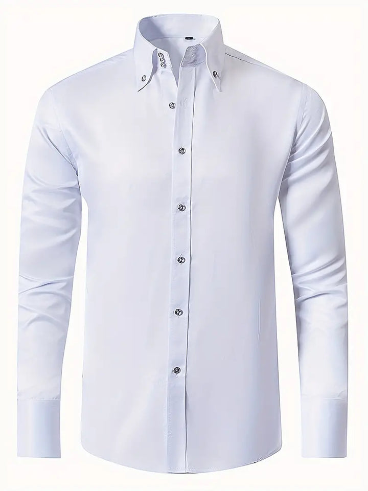 Formal men's button-up shirt, crisp white, long sleeve, professional business attire, classic style.