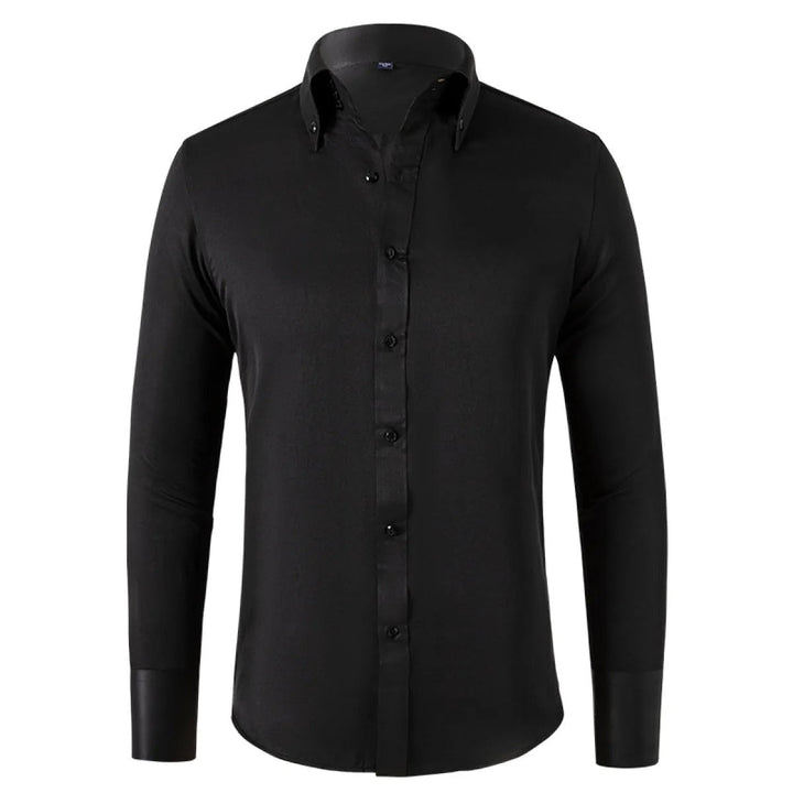 Tailored men's dress shirt, long sleeve, button-up, elegant for professional office wear & business fashion.