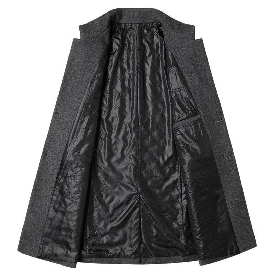 Stylish men's formal long coat. Elegant winter wear for business, offering a classic and sophisticated layered look.