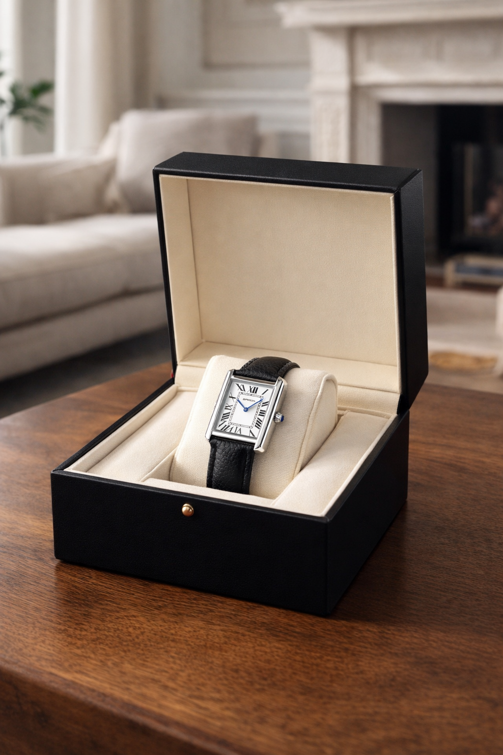Men's classic rectangular analog watch featuring a durable black leather strap. A timeless accessory for any modern man.