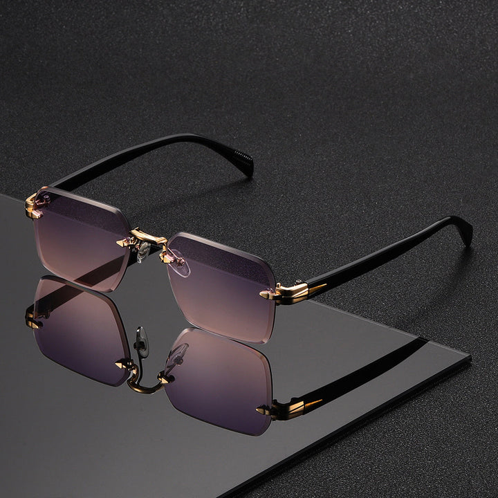 Men's minimalist rimless square eyewear, gold frame, combining modern elegance with superior comfort.