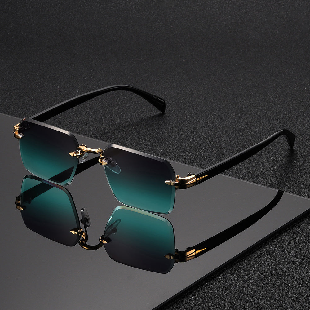 Close-up of sleek gold frame men's rimless square glasses, emphasizing elegant, comfortable design.