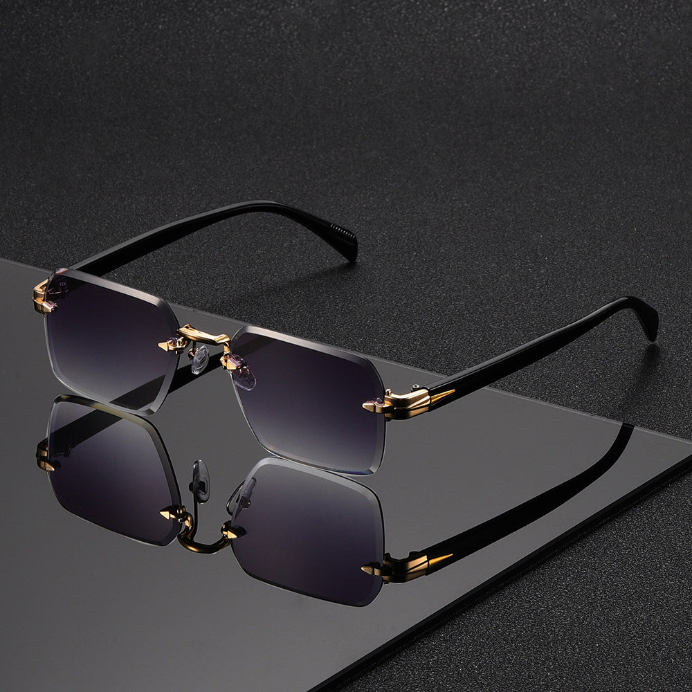 Sophisticated men's rimless square glasses, gold accents, perfect for elegant and comfortable daily wear.