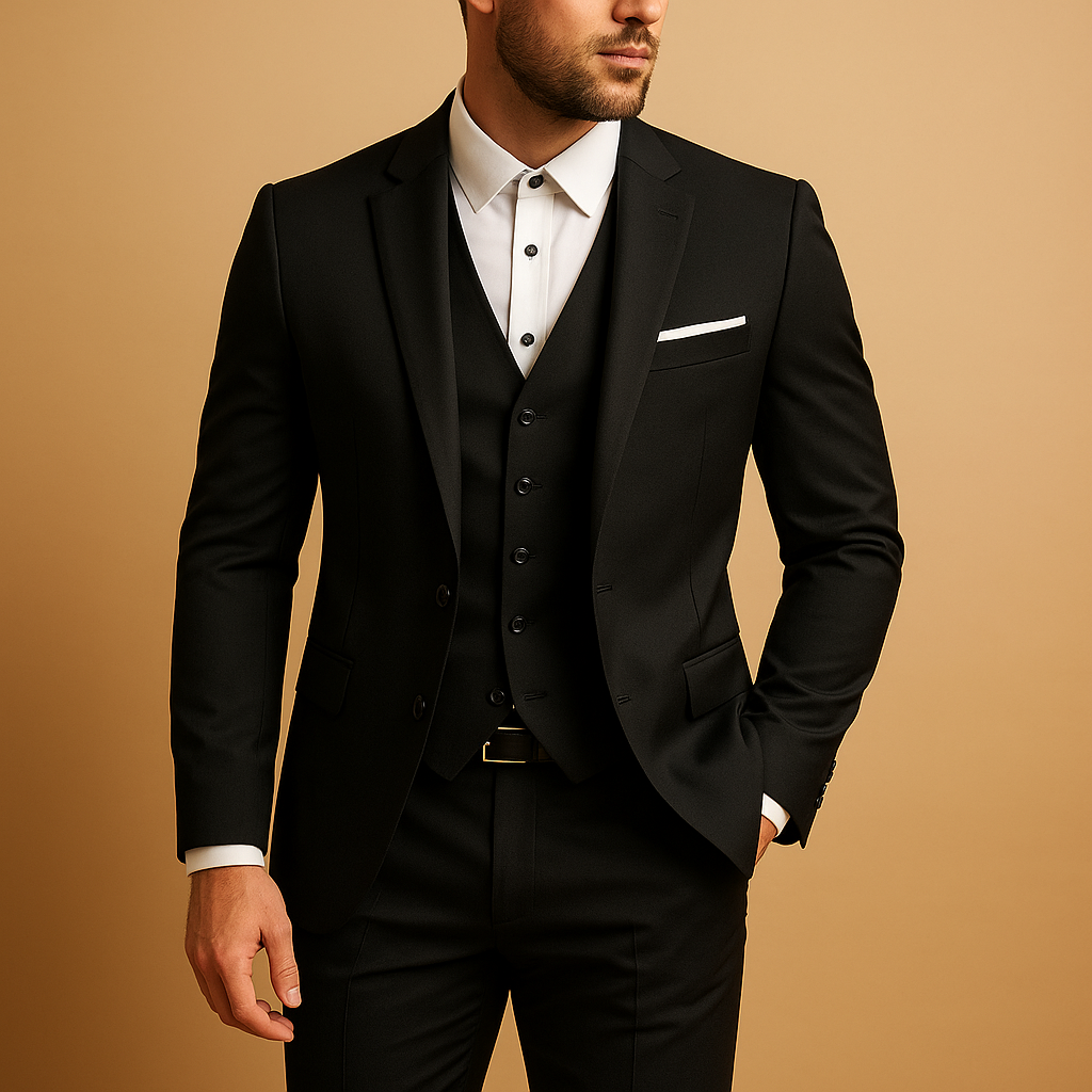 Elegant men's slim fit three-piece suit for formal wear, weddings & business. Includes jacket, waistcoat & trousers.
