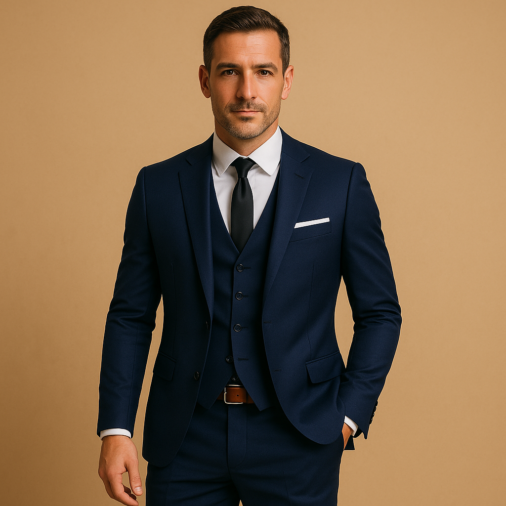 Stylish men's slim fit suit in three pieces, perfect for groomsmen, business meetings & sophisticated events.