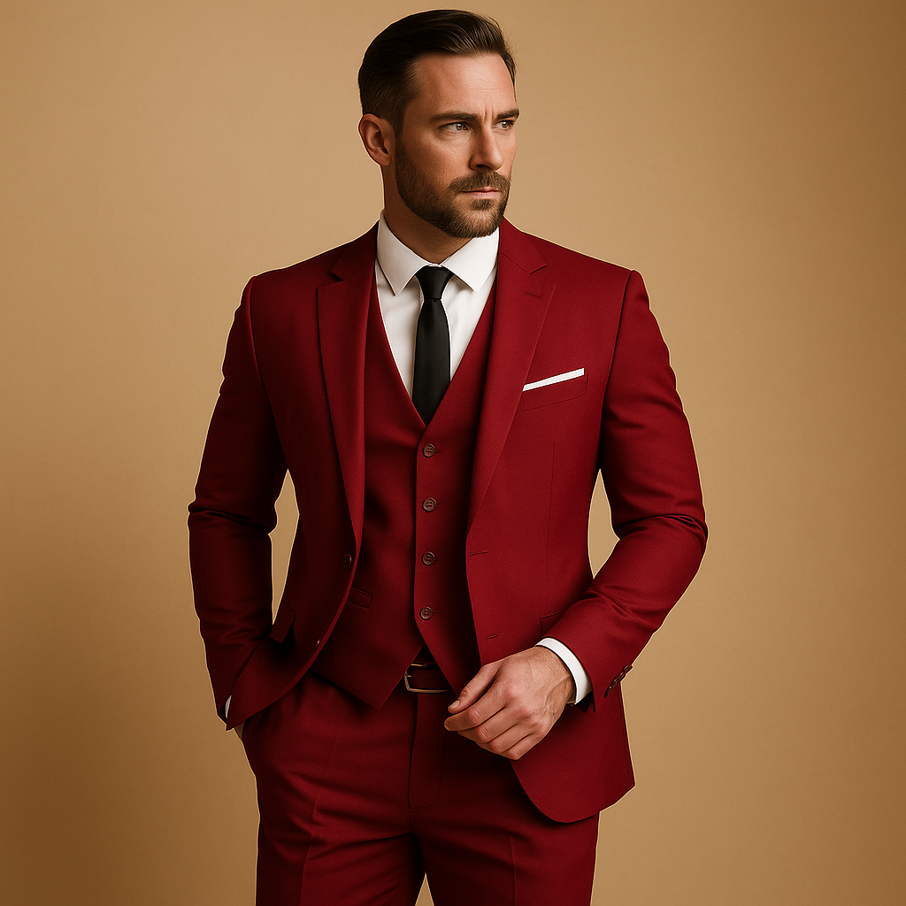 Complete elegant men's three-piece suit, slim fit design for formal occasions, business & wedding attire.