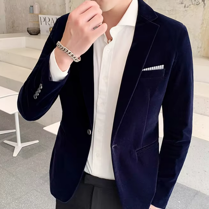 Refined men's slim fit velvet blazer. A classic one-button suit jacket for sophisticated formal occasions & parties.