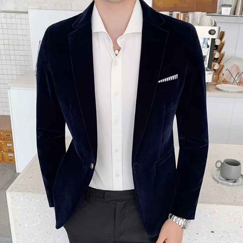 Premium men's slim fit velvet blazer. Elegant one-button formal jacket for high-end events and dinner parties.