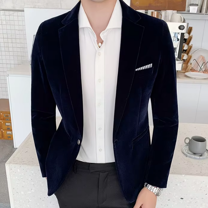 Premium men's slim fit velvet blazer. Elegant one-button formal jacket for high-end events and dinner parties.