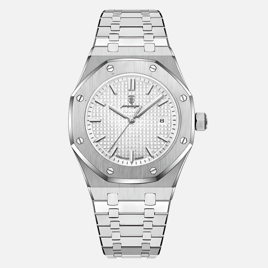 Close-up of a men's classic stainless steel watch face, showcasing the elegant quartz movement.