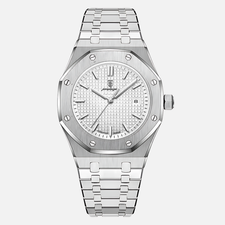 Close-up of a men's classic stainless steel watch face, showcasing the elegant quartz movement.