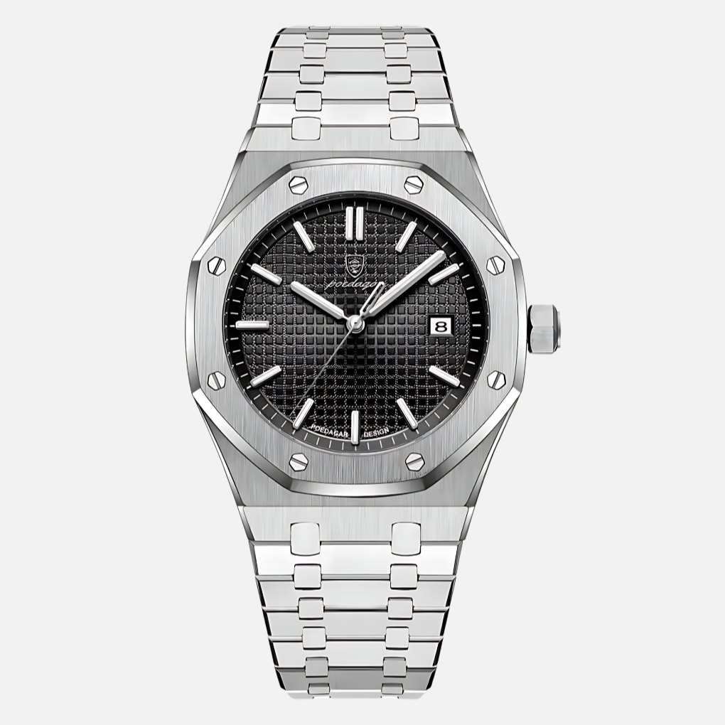Men's elegant stainless steel accessory watch on a wrist, suitable for both formal and casual outfits.