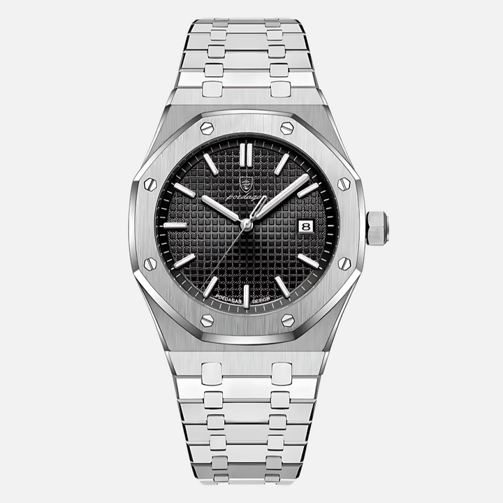Men's elegant stainless steel accessory watch on a wrist, suitable for both formal and casual outfits.
