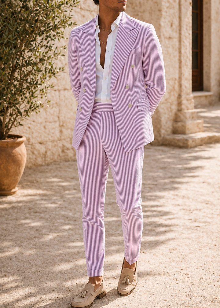 Stylish men's striped double-breasted suit for wedding and special occasions, showcasing elegant formal wear.
