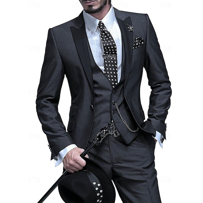 Elegant men's tailored three-piece suit set in a dark color, perfect for formal events & business attire.