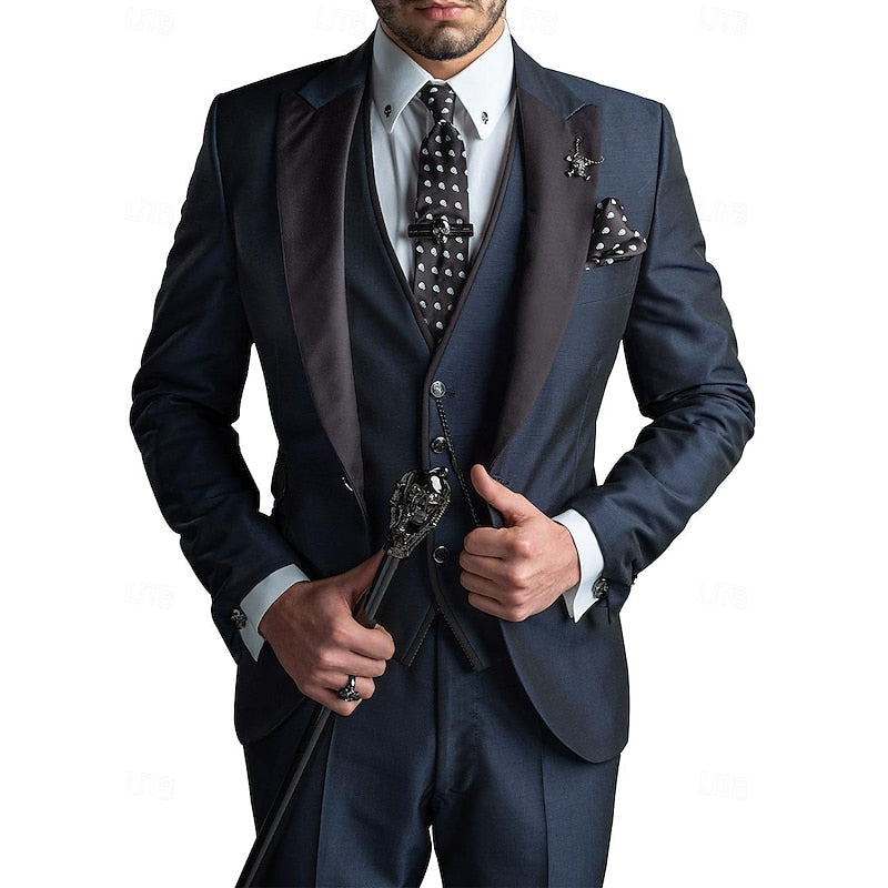 Stylish men's slim-fit three-piece wedding suit, ideal for groom or guests. Includes jacket, vest, pants.