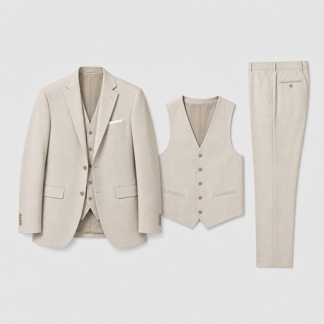 Elegant men's three-piece suit with waistcoat, blazer, and trousers, perfect for wedding or business formalwear.