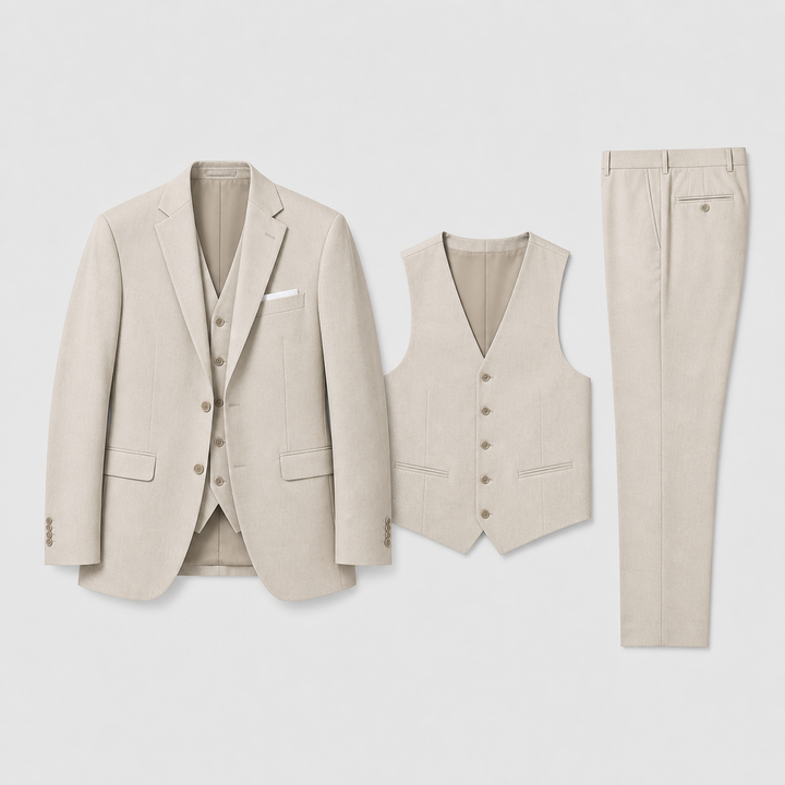 Elegant men's three-piece suit with waistcoat, blazer, and trousers, perfect for wedding or business formalwear.