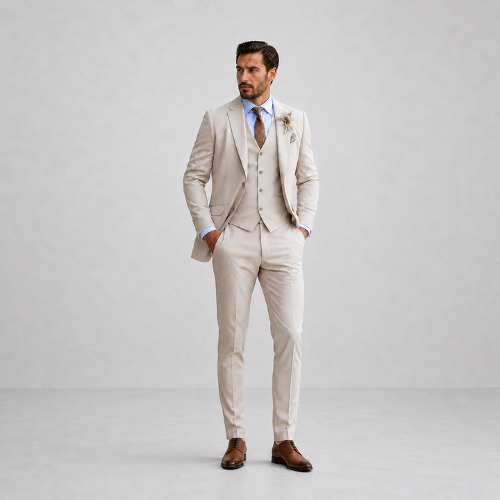 Close-up of sophisticated men's three-piece suit fabric, showing waistcoat detail, ideal for classic formal events.