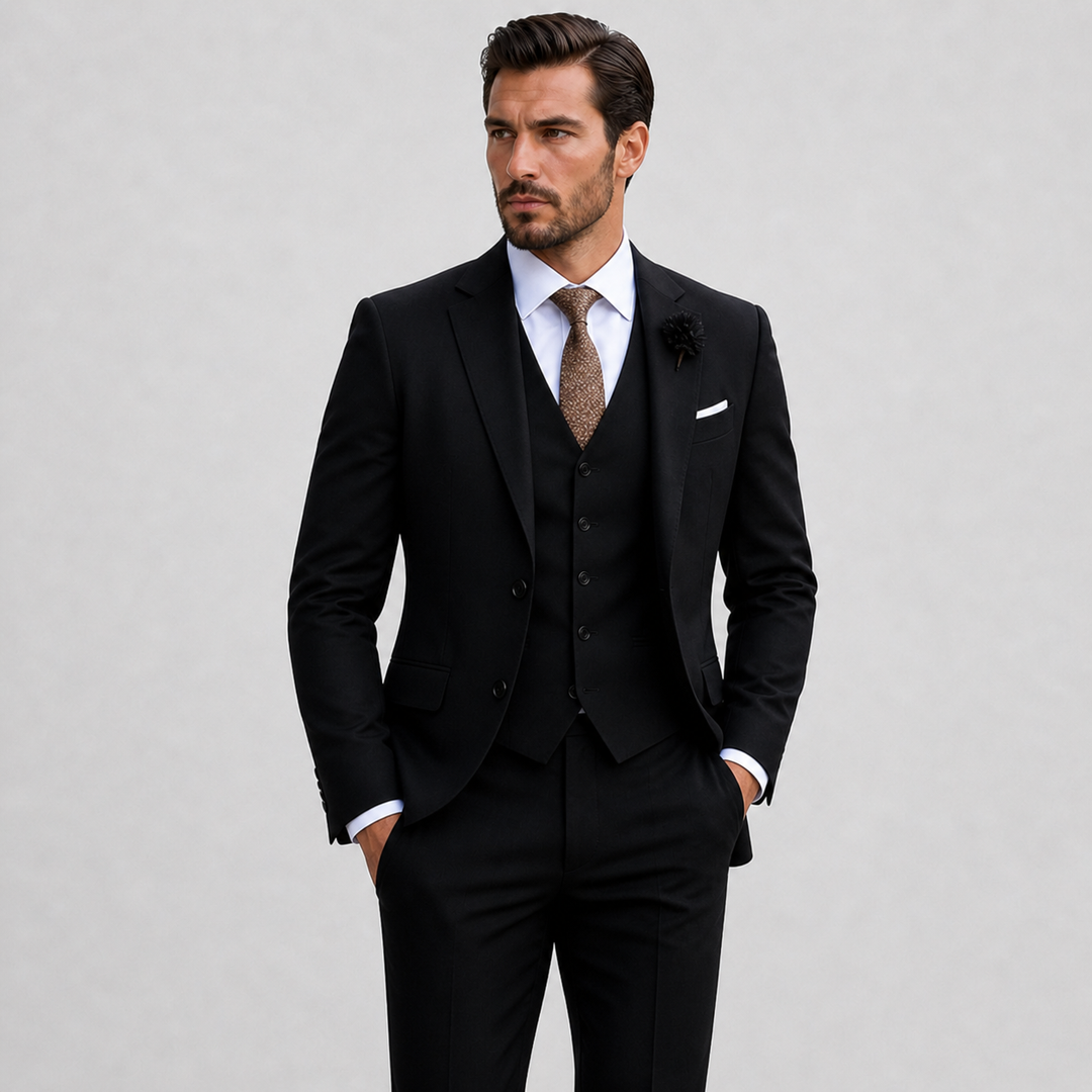 Tailored men's three-piece suit with sleek blazer, elegant waistcoat, and well-fitted trousers, designed for formal events.