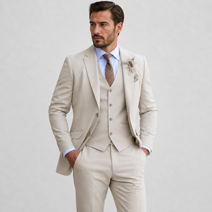 Sophisticated men's formal three-piece suit, featuring a classic waistcoat, blazer, and trousers for elegant business style.