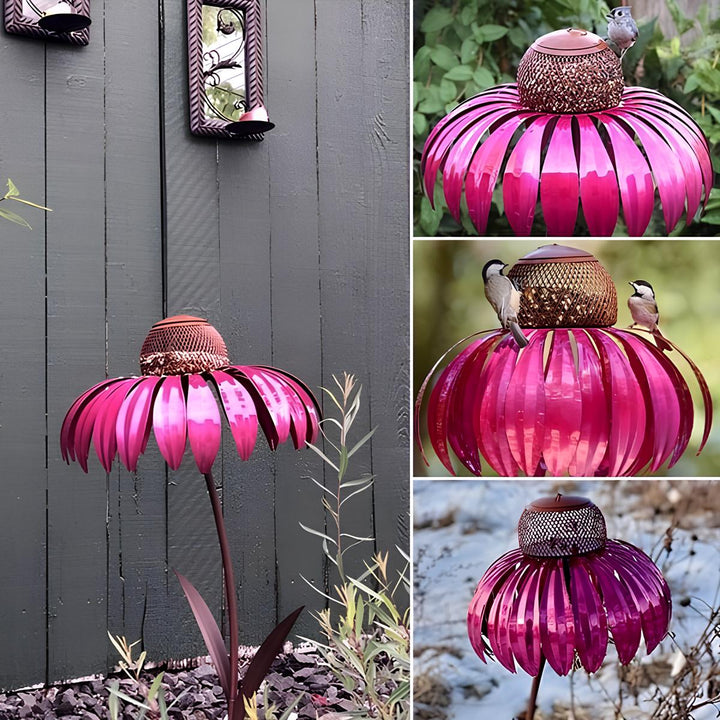Elegant metal flower bird feeder house for garden decor. Attracts birds, enhances outdoor living.