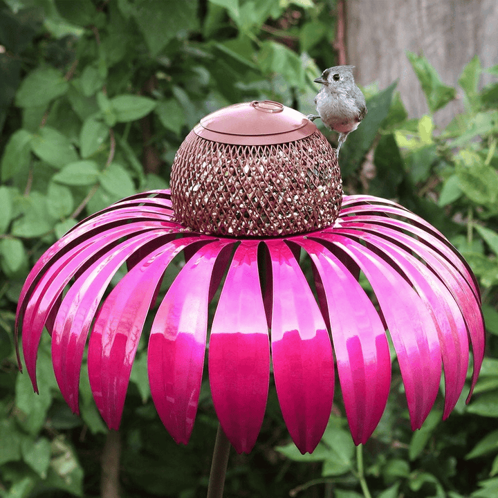 Stylish metal flower design bird feeder house, ideal for garden decor & attracting backyard wildlife.