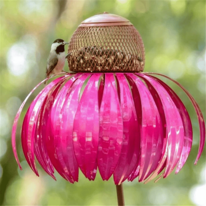 Durable metal flower bird feeder, a beautiful addition to garden decor. Great for bird watching enthusiasts.
