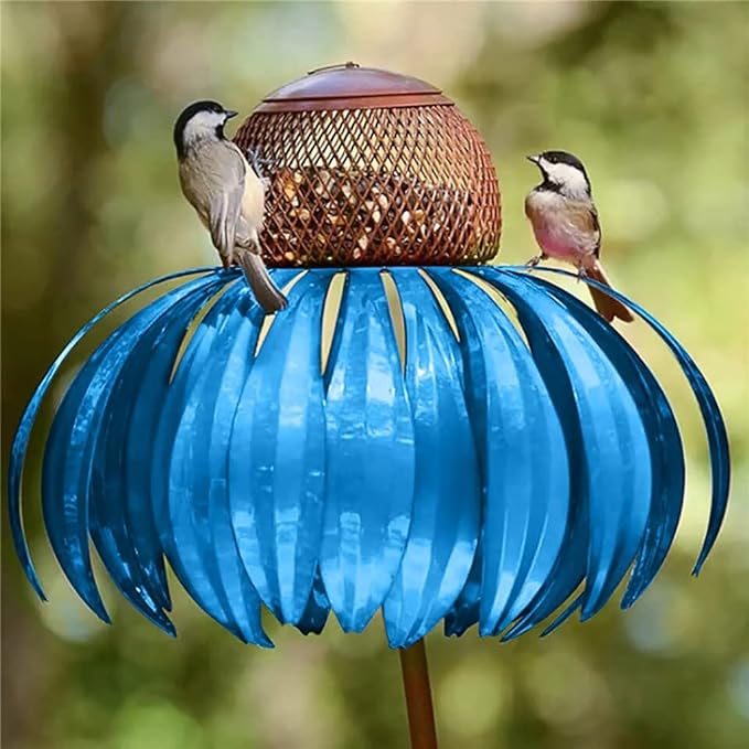 Unique metal flower bird feeder, transforms gardens into a wildlife sanctuary. Elegant outdoor living decor.
