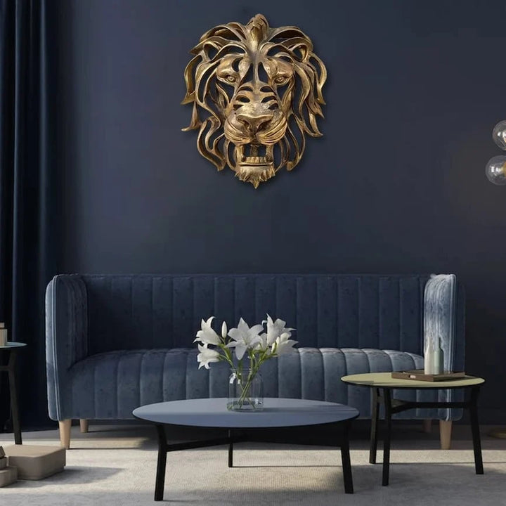 Powerful metal lion head art for walls, an elegant and strong statement sculpture, ideal for home decor.