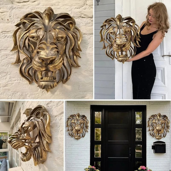 Sleek modern metal lion head wall decor, an elegant and strong feature sculpture for contemporary homes.