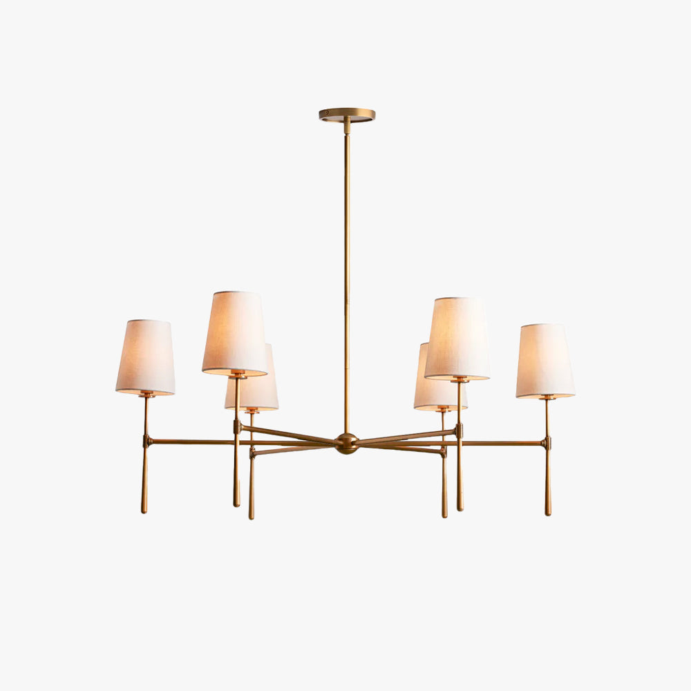 Elegant mid-century chandelier, brass finish, for modern dining rooms.