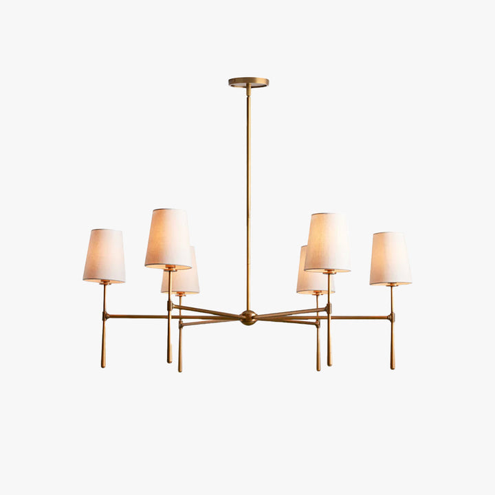 Elegant mid-century chandelier, brass finish, for modern dining rooms.