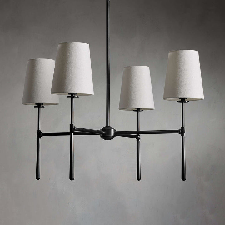 Dining room mid-century chandelier, black finish, adjustable light.