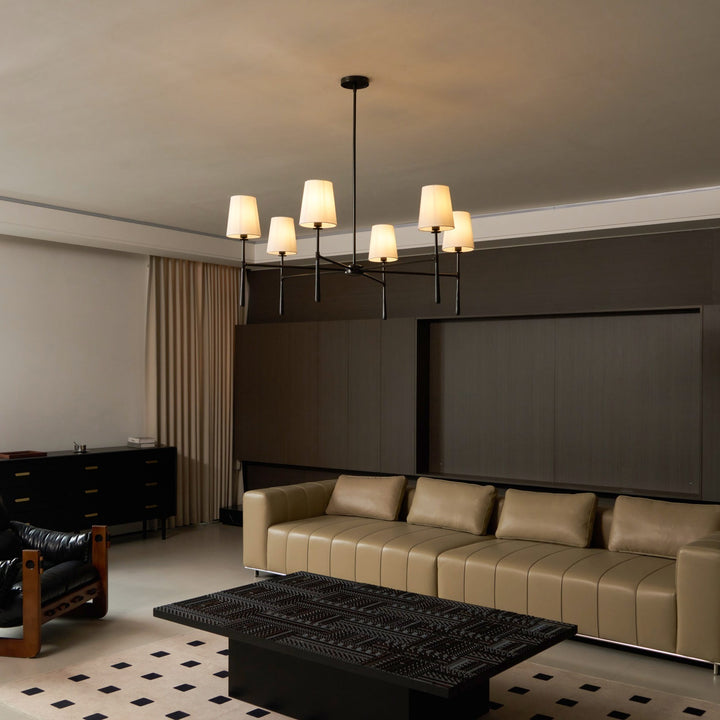 Black mid-century modern chandelier, ideal for a stylish bedroom light.