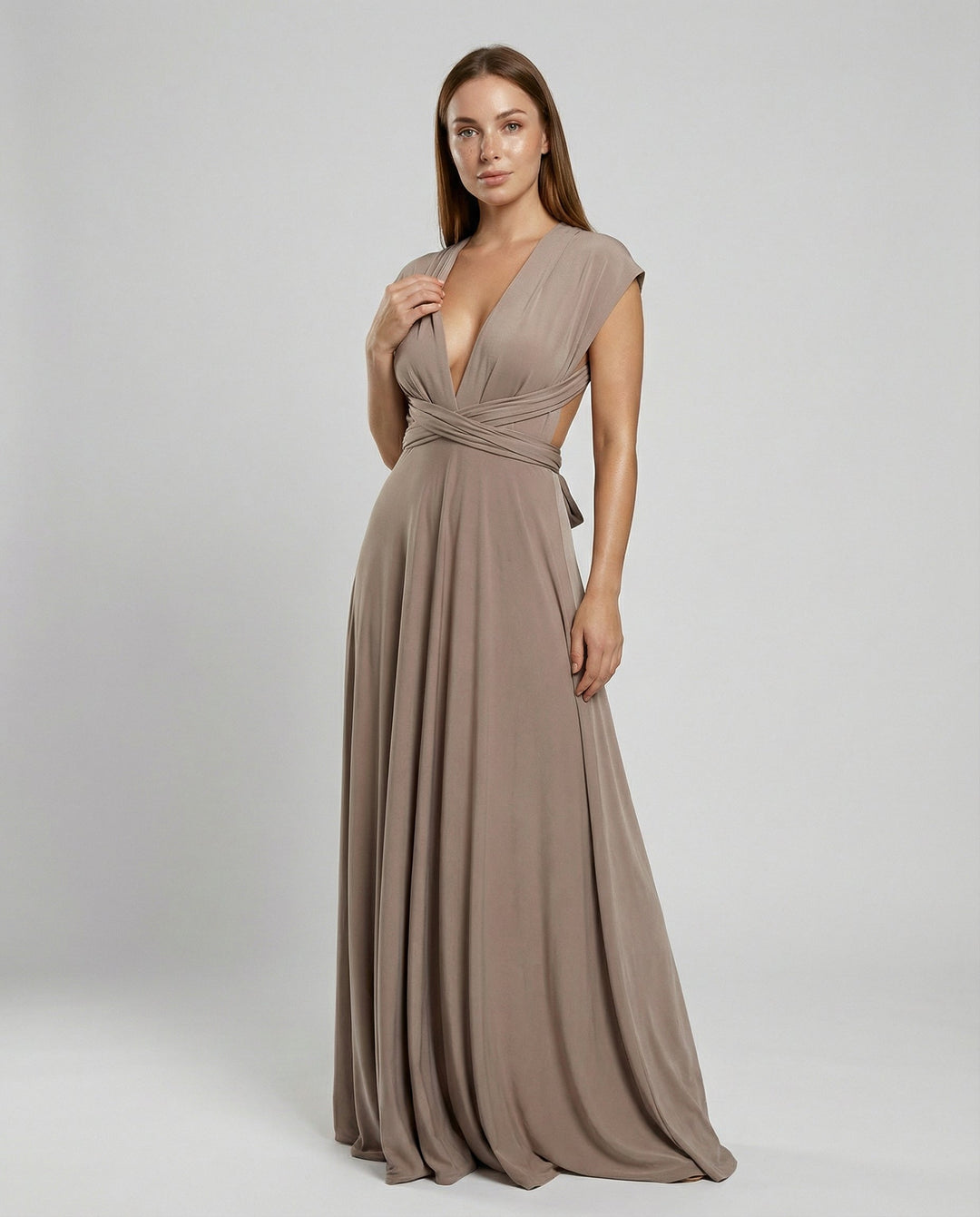 Elegant multiway wrap maxi dress for women, featuring a versatile V-neck. Perfect for formal events.