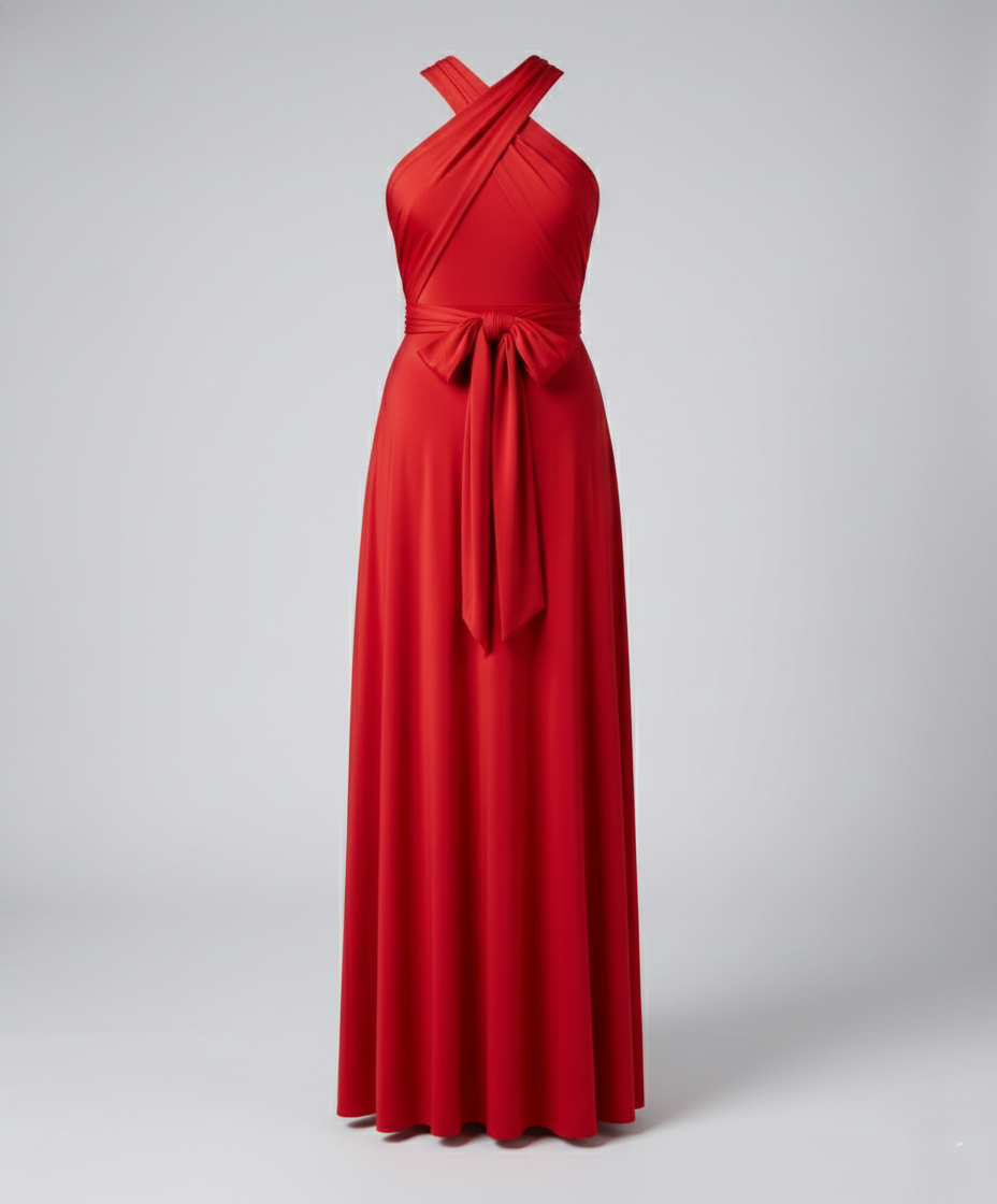 Chic women's V-neck wrap dress, a versatile multiway maxi style suitable for any elegant event.