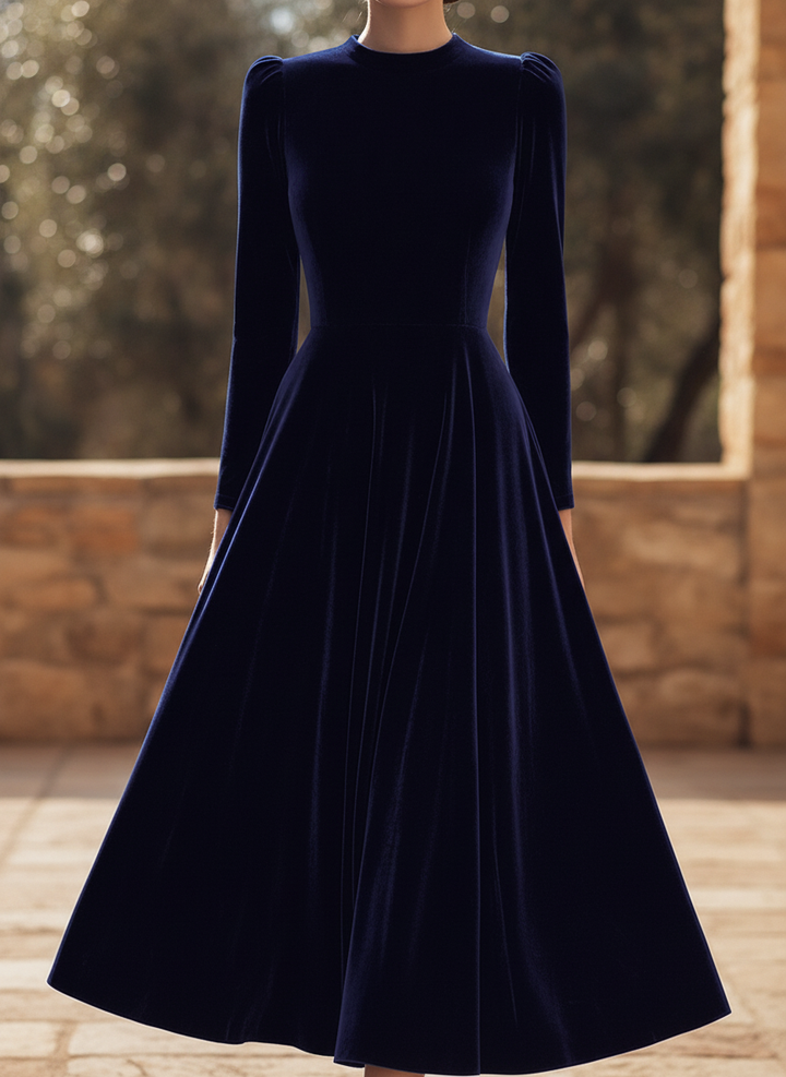 Elegant Navy A-Line Long-Sleeve Midi Dress for Wedding Guests. Perfect formal occasion wear.
