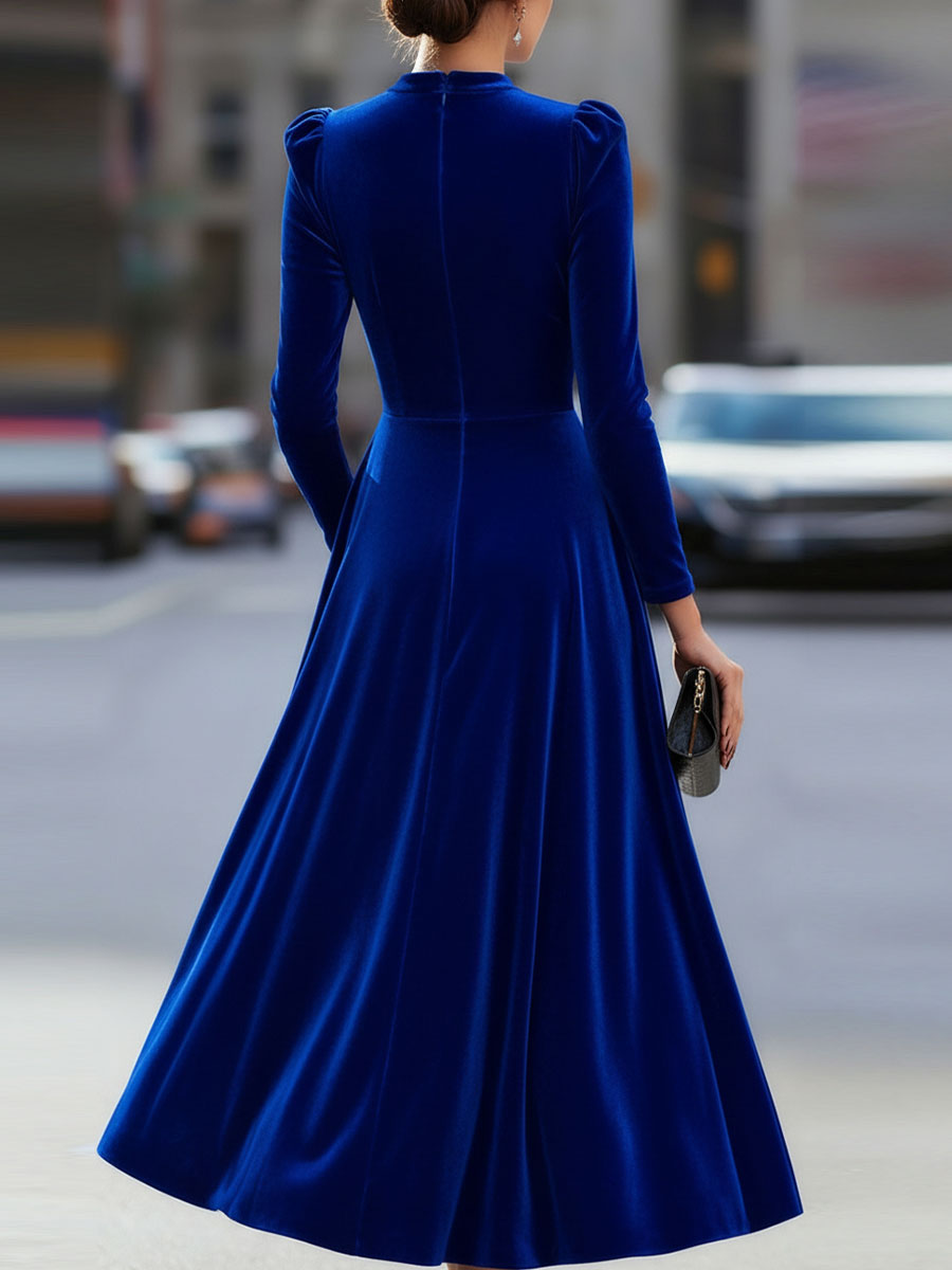Black Long-Sleeve Midi Dress, A-Line silhouette. Chic formal occasion wear for any elegant event.