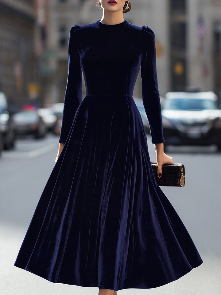 Sophisticated Burgundy Long-Sleeve Midi A-Line Dress. Ideal for autumn wedding guests.