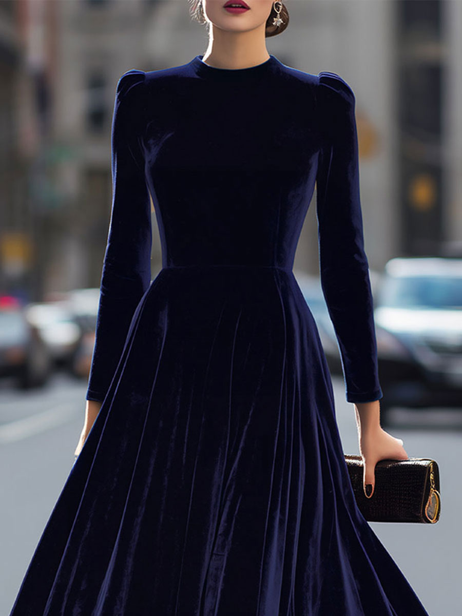 Classic Black A-Line Midi Dress with Long Sleeves. Stylish evening gown or formal cocktail attire.