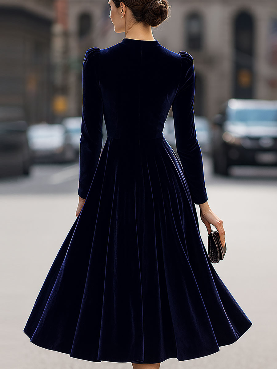 Women's A-Line Long-Sleeve Midi Dress in Navy. Perfect elegant formal dress for special occasions.